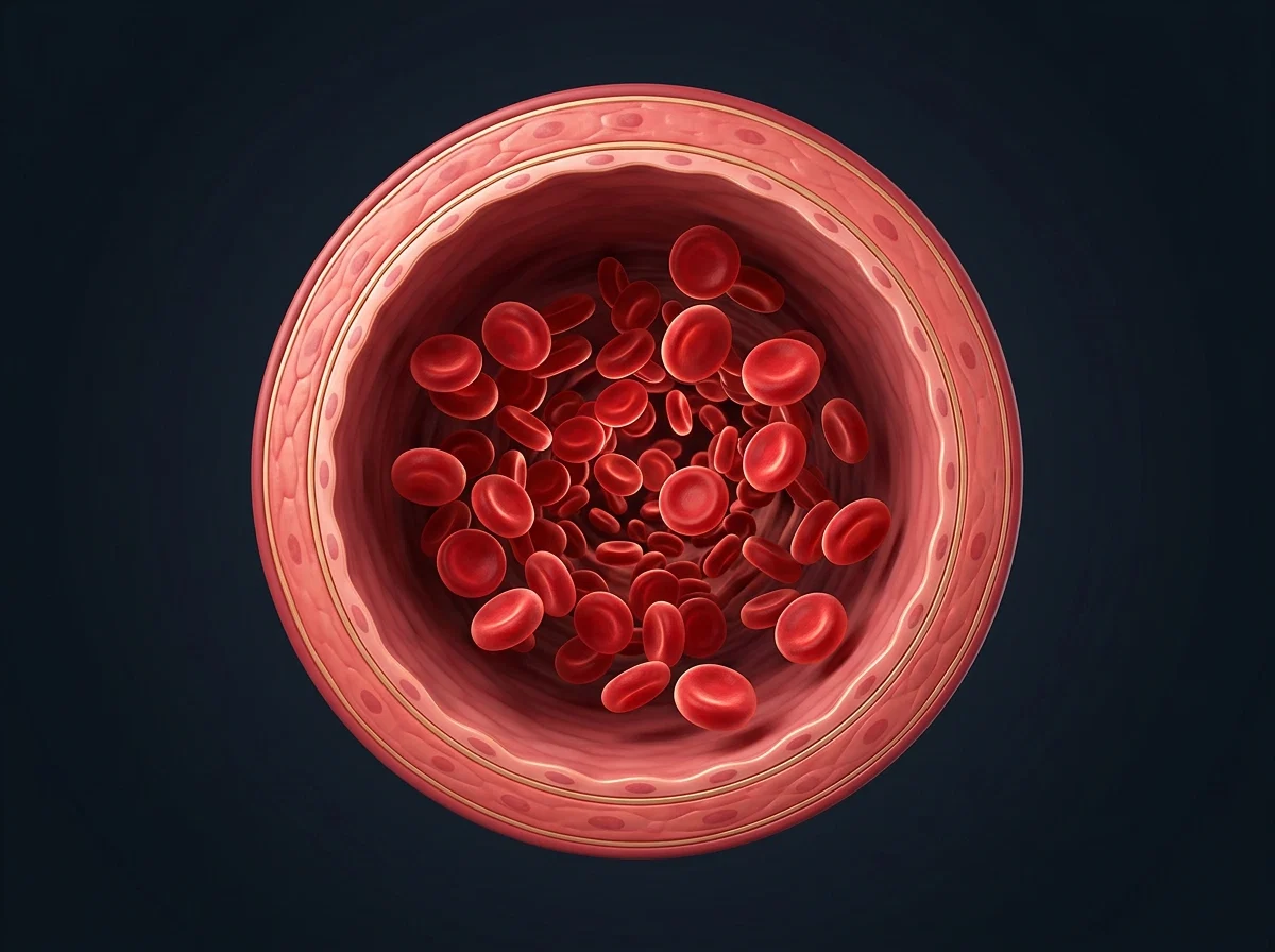 Educational illustration of a healthy blood vessel with normal blood cell flow - cardiovascular wellness diagram